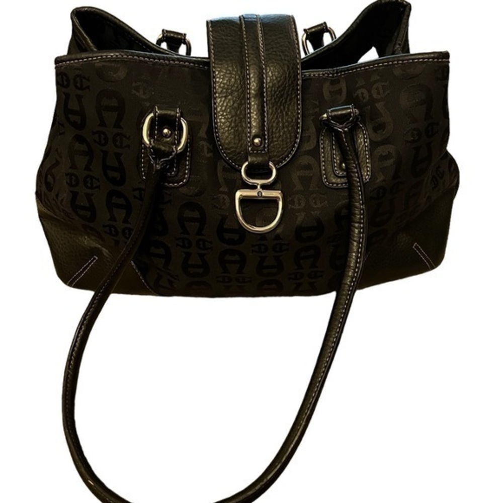 Etienne AIGNER Black Logo Shoulder Bag, Fabric w/ Leather Trim EUC